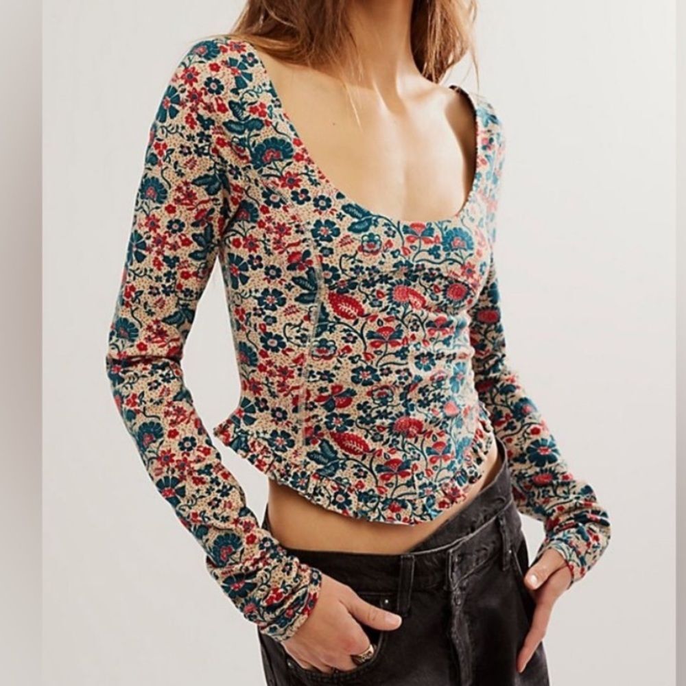 Free People Floral Scoop Neck Long Sleeve Top in Cream, Teal & Red